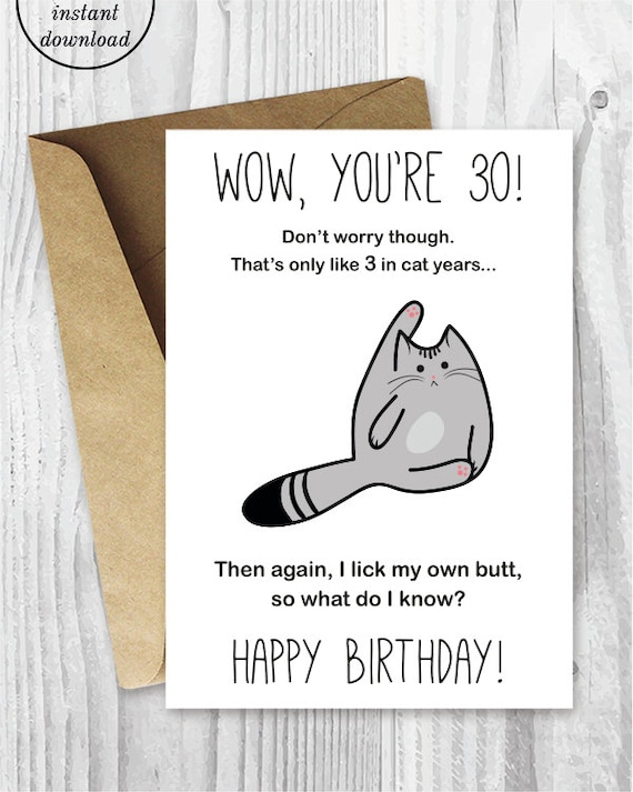 30th Birthday Card Printable Birthday Card Funny Cat