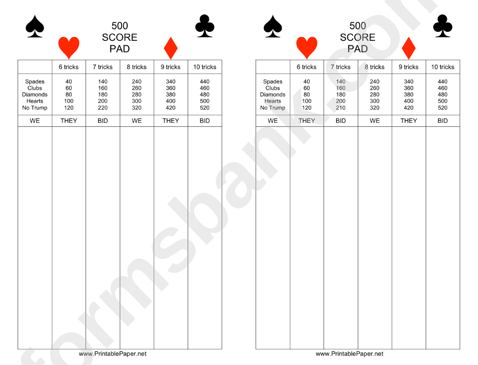 500 Card Game Score Sheet Qcardg